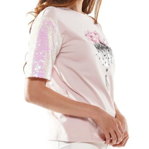 Why Dress Sequin Sleeve Screen Printed T-Shirt Pink- Small - Picture 6 of 15